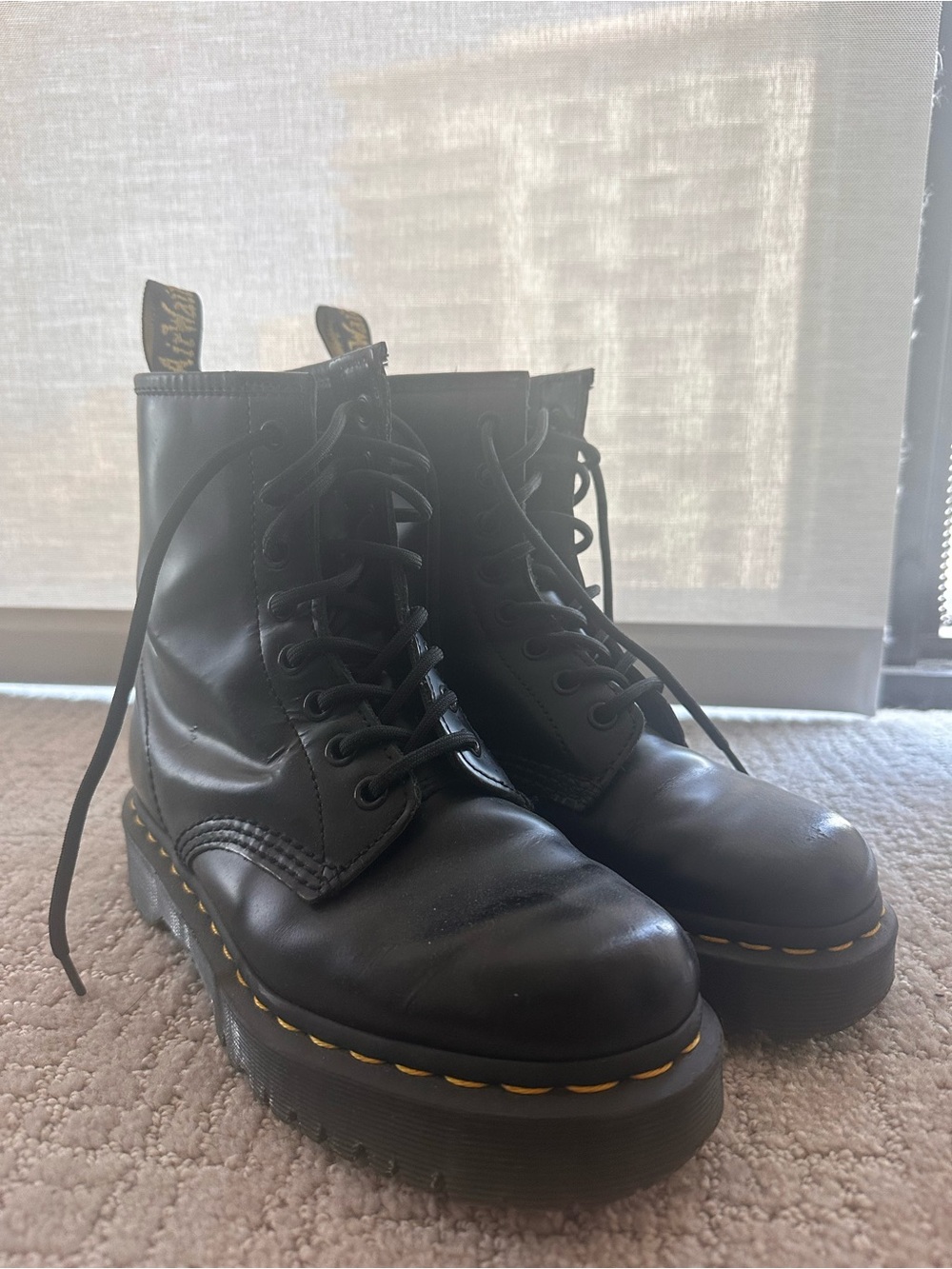 Dr. Martens Black Leather Lace-Up Platform Boots with Yellow Stitching